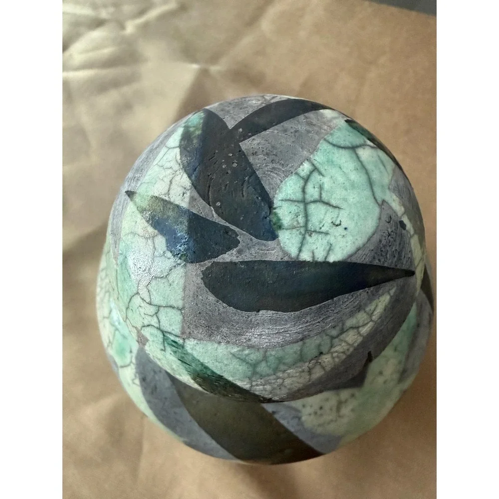 Lynn Dee Studio Pottery Raku Lidded Jar Green Grey Abstract Leaf Signed Art Ware
